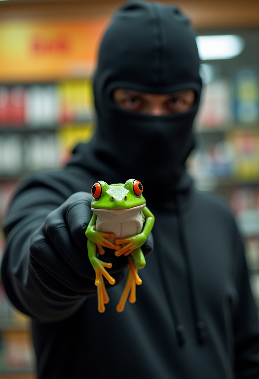 A person in a black hoodie standing inside what appears to be a convenience store, with shelves stocked with various items blurred in the background. The person’s face is obscured by a black balaclava. The individual is brandishing, in their gloved hand, a green tree frog with striking red eyes and orange feet facing the viewer. 