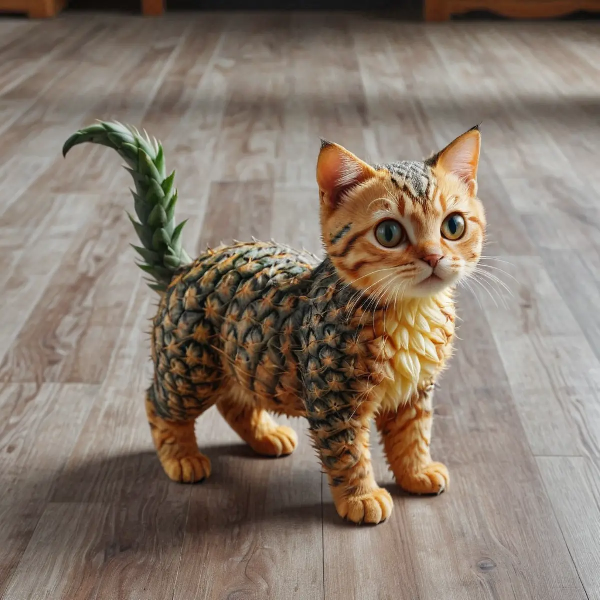 A composite of a cat with the body of a pineapple, standing on a wooden floor. The cat’s head is typical of a domestic feline, with orange fur and distinct black stripes, while its body transitions into the textured, golden-brown surface of a pineapple, complete with the green leafy top as its tail. 