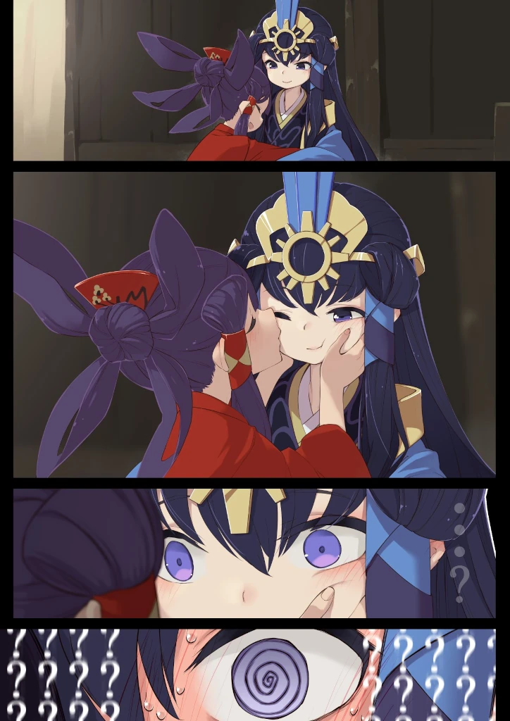 A 4-panel drawing of Sakuna and Kokorowa. Sakuna is hugging Kokorowa, then she holds her head and kisses her on the cheek. In the last panel Kokorowa is having severe gay panic.